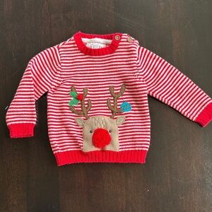 Kids Red Striped Sweater with Reindeer Appliqué